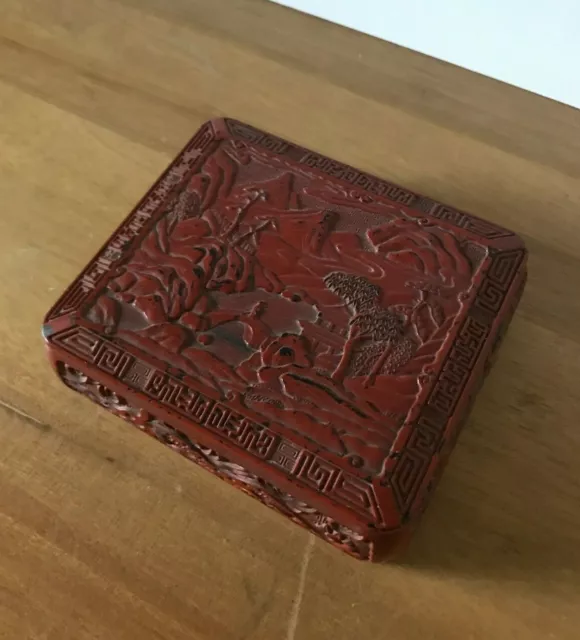 Antique Chinese Red lacquered Box Hand Carved Country view Early 20th century