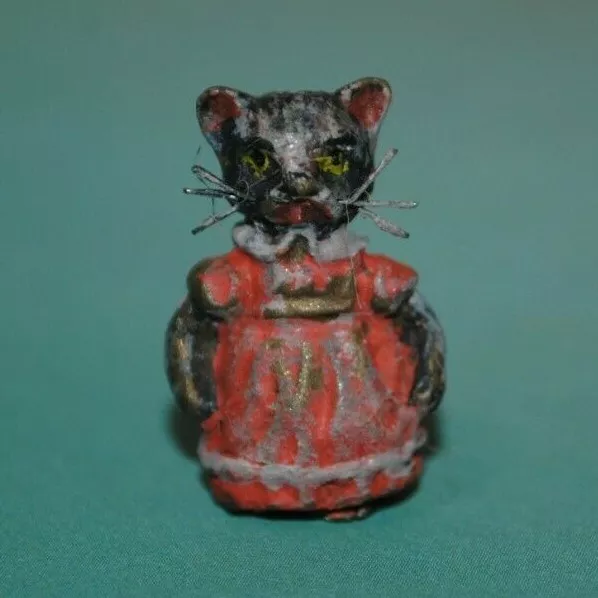 Antique Vienna Bronze Beatrix Potter Miniature Cat Red Dress