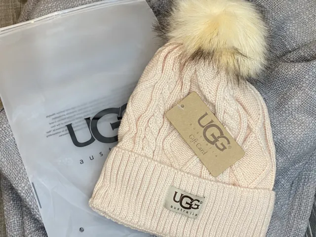 🇺🇸UGG FLEECE LINED Cream Winter Cable Knit PomPom Beanie Hat NWT FAST SHIPPING