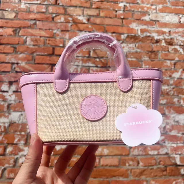 New 2024 China Starbucks Pink Sakura PU Knitted Mini Handbag Phone Bag