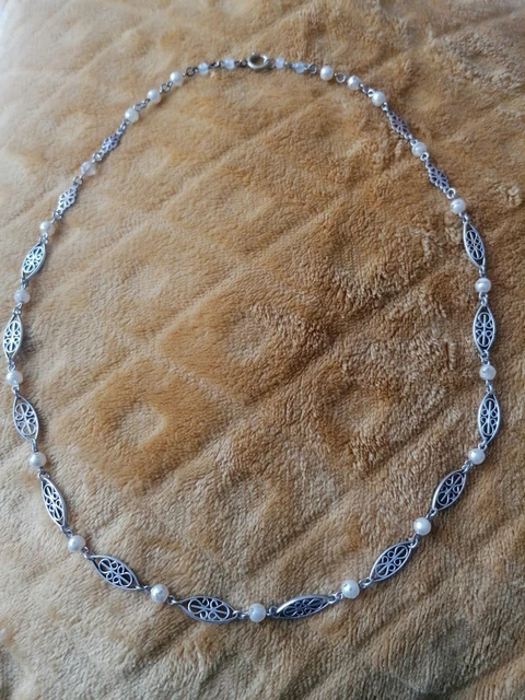 Collier Vintage Argent Massif 925 - Perles Pâte De Verre, Authentique