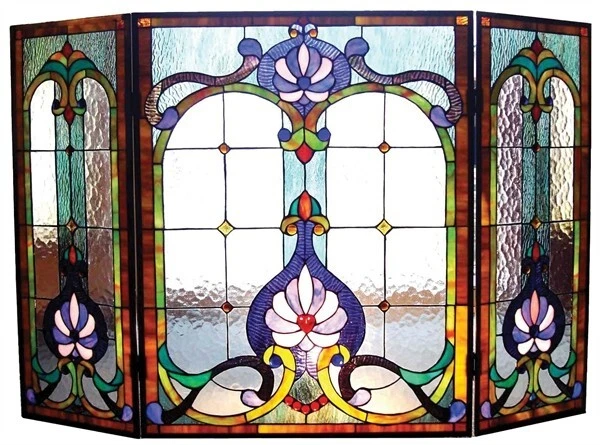 44"  Victorian Floral  Fireplace Screen Tiffany Style Stained Glass 3-Panel