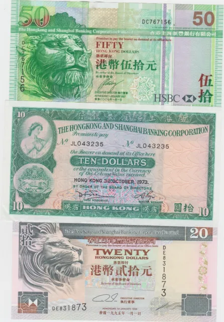 FIVE HONG KONG P182g TO P212a BANKNOTES1973 TO 2010 IN MINT CONDITION