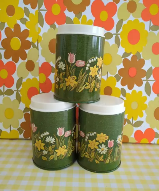 3 Vintage Mid Century Green Yellow Flower Storage Canisters Pots Set 60s 70s