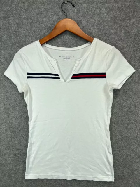 Tommy Hilfiger T Shirt Womens XS White Red Blue Stripe V Neck Short Sleeve