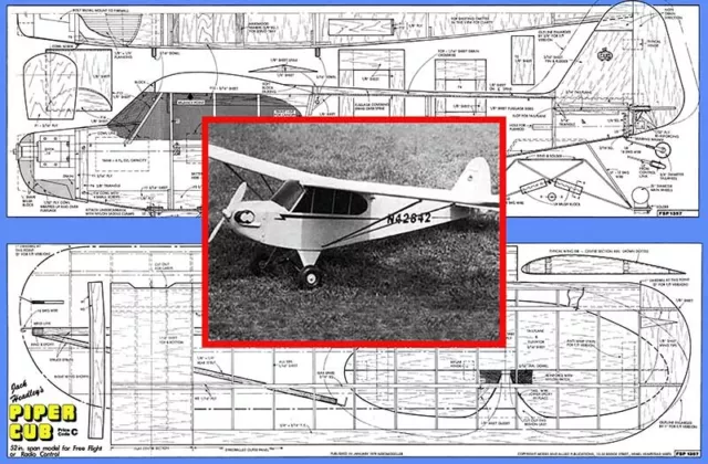 Model Airplane Plans (FF-RC): PIPER CUB 52" Wingspan for .099-.15 Engines