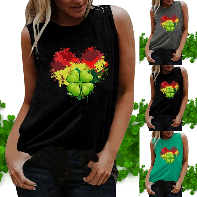 Womens St. Patrick's Day Print Tee Sleeveless Round Neck T-shirt Vest Tee