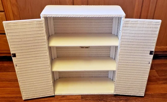 Vintage Boho Shabby Chic White Wicker Bathroom Linen Wall Cabinet with Shelves