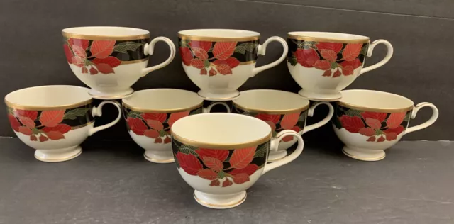 Mikasa Christmas Eve Coffee Tea Cup Set 8 Cups Black Red White & Gold Poinsettia