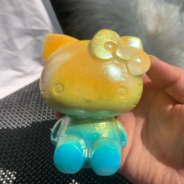 637g Titanium Yellow Blue Aura White Jade Hello Kitty Carving Quartz Crystal