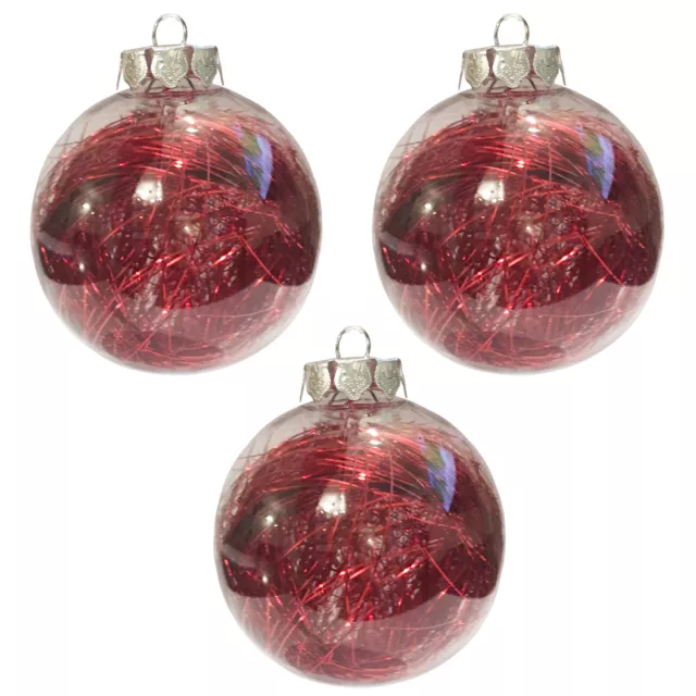 Conjunto De 3 Decoración Navidad Lujo 80mm Rojo Metálica "Lametta" Relleno Bola