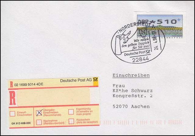 ATM 2.2.1. Olivetti PIA 510 EF FDC NORDERSTEDT 24.4.98 mit E-Schein und Quittung