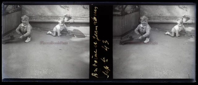 Enfants France Photo Amateur Stereo NEGATIF Plaque de verre VR11n  