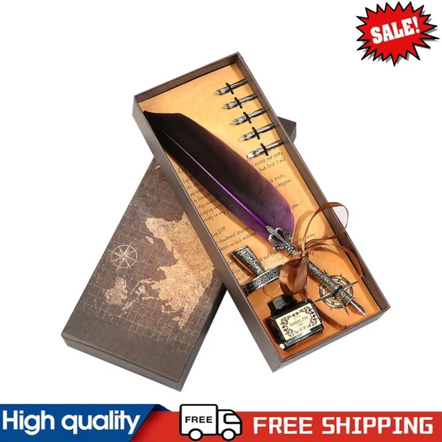CALLIGRAPHY FEATHER DIP Pen Writing Ink Quill Fountain Pen Set (Purple ...