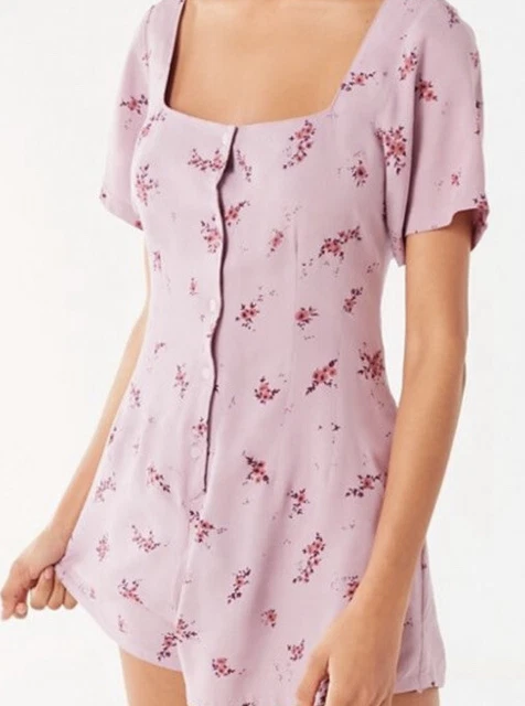 Uo Motel Purple Button Down Romper M Womens Short Sleeve Summer Floral Pockets