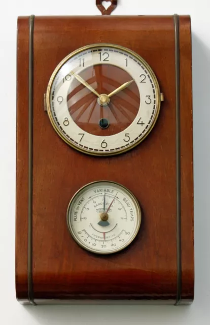 Vintage 34cm French Wooden Wall Clock & Thermometer - Retro Mid Century Atomic