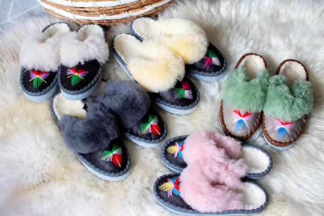 100% LEATHER SHEEPSKIN Ladies Women's Handmade Wool Slippers house shoes fur