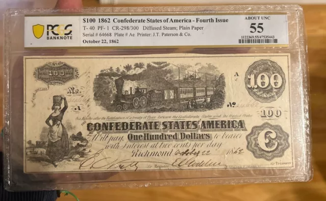 1862 $100 Bill Confederate States Currency Civil War Note Money T-40 Pcgs 55