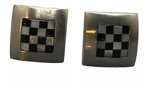 TALEXIA Silver Black & White Stainless Steel Mother Of Pearl Onyx Cuff Links