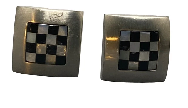 TALEXIA Silver Black & White Stainless Steel Mother Of Pearl Onyx Cuff Links