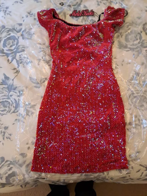 Ladies XS Red Sequined "Motel Rocks" Bodycon Capped Sleeve  LinedDress