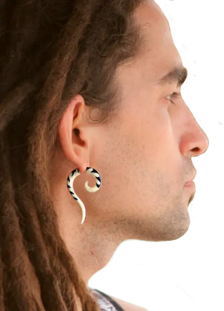 Tribal Inlay Ear Gauge Buffalo Pair Piercing Carved Horn/Bone Inlay Stretcher