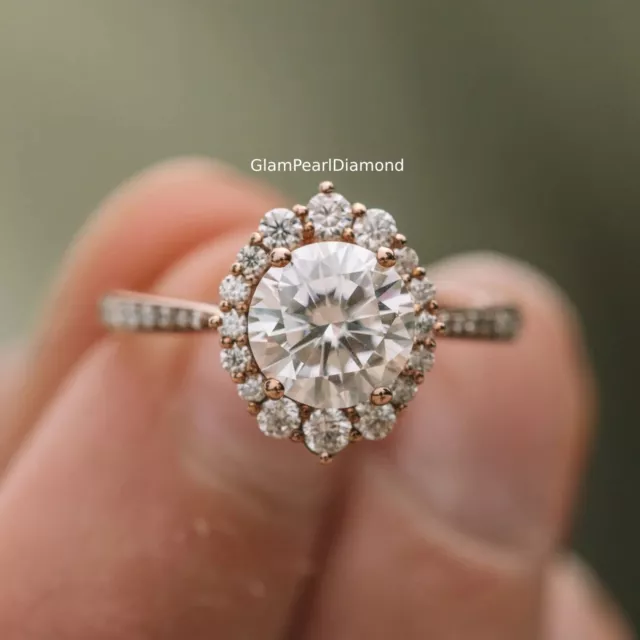 2Ct Round Cut Moissanite Halo Wedding Ring For Her 10K Rose Gold Engagement Ring