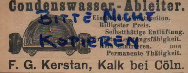 KALK/KÖLN, Werbung 1902, F.G.Kerstan Condenswasser-Ableiter