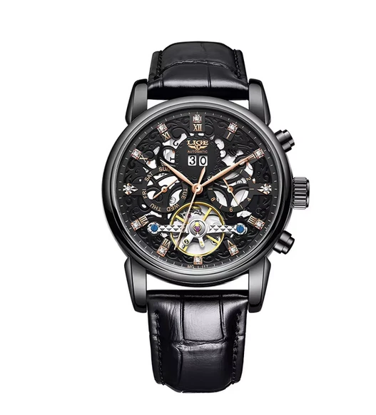Montre Bracelet LIGÉ Sport En Cuir Noir - Cadran Et Lunette Or Et Noir - Neuf Sans étiquette