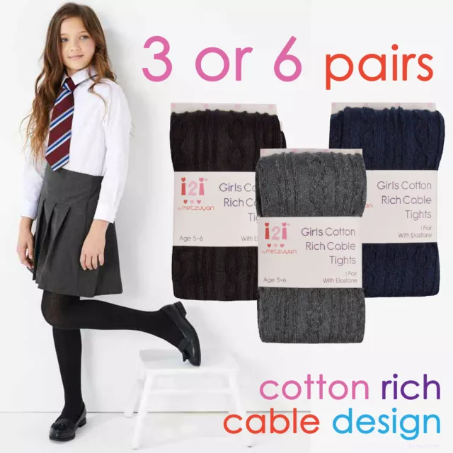 3 6 Pairs Girls Cable Knitted Plain Stretchy Cotton Rich Tights multipacks 2-10