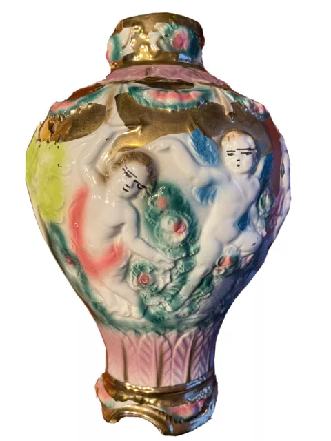 Capodimonte Style Rococo Italy Porcelain Cherubs Majolica Gold Vase 10” Painted