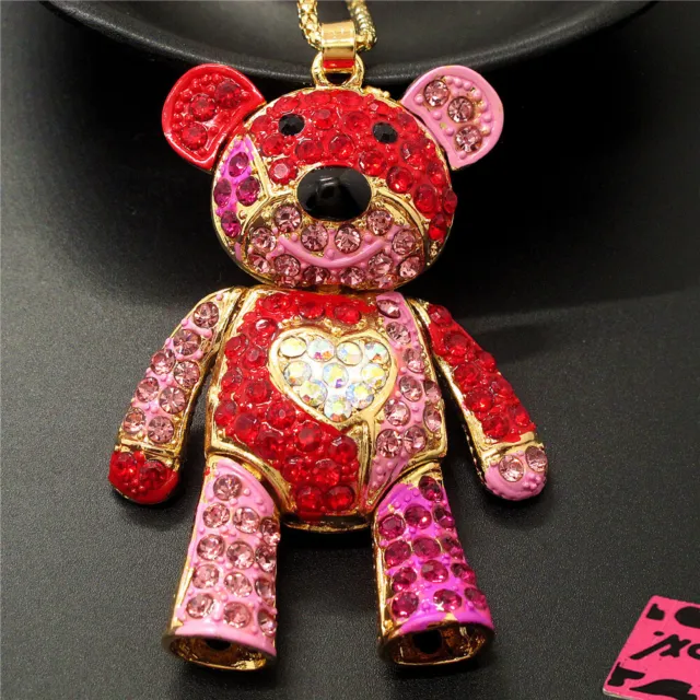 Gifts Betsey Johnson Pink Crystal Love Heart Bear Pendant Women's Necklace