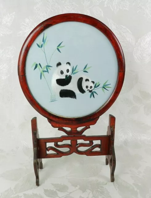 Chinese Suzhou Wood Table Screen Silk Embroidery Double-Sided Panda Bamboo 13" H
