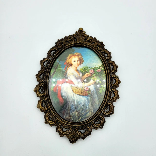 Vtg Brass Ornate Oval Frame Girl & Flowers  Made n Italy Hangin hook. Wall decor