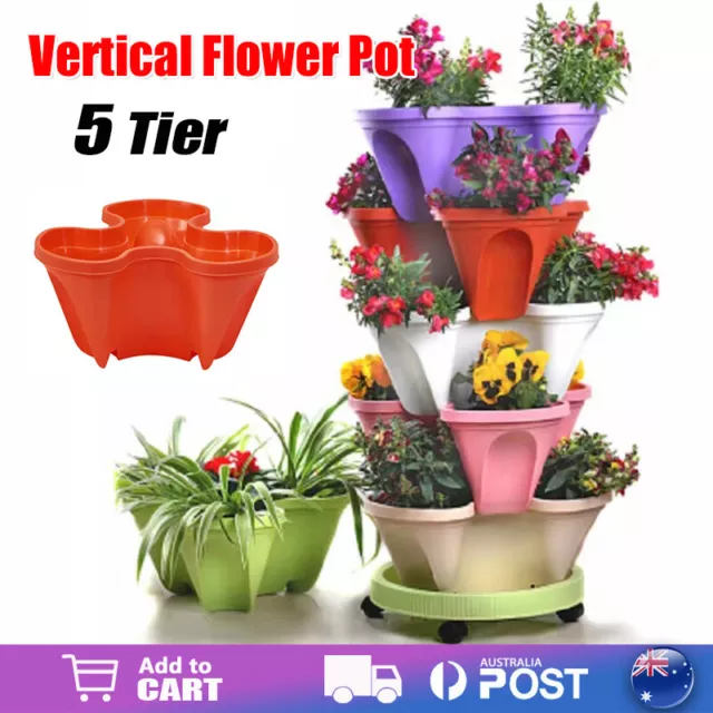 5 Tier Flower Pots Vertical Garden Strawberry Herbs Stackable Planters Wheels