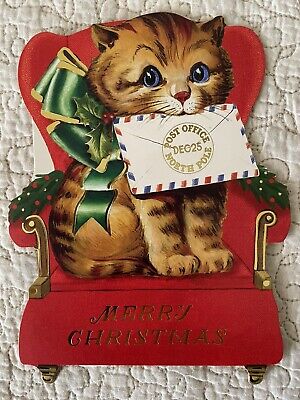 Christmas Unused Cat Kitten Cute Chair Bow Die Cut Greeting Card Punch Studio