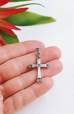 Vintage Sterling Silver 925 Marcasite Sacred Cross Faceted Clear Stone Pendant