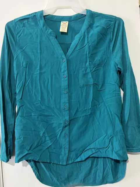 FADED GLORY Women's Blue Green Long Sleeve Button Up Tunic Blouse Size M