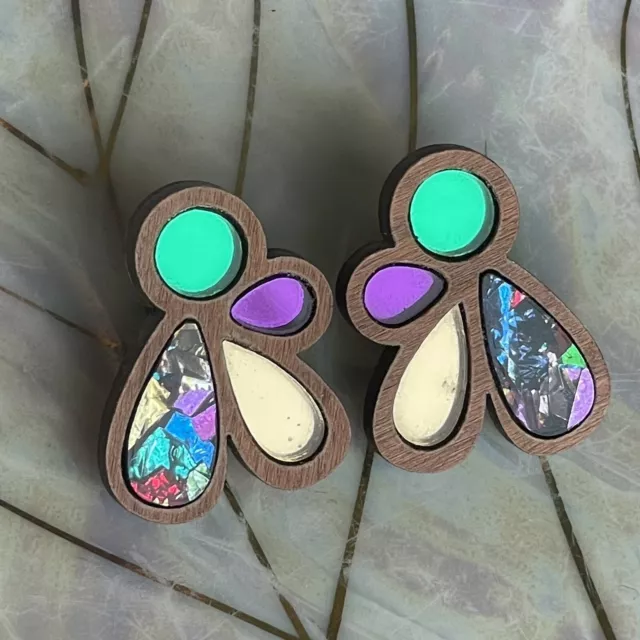 · AMAZING Unique Artisan Handmade Statement Stud Earrings with Wooden Backing