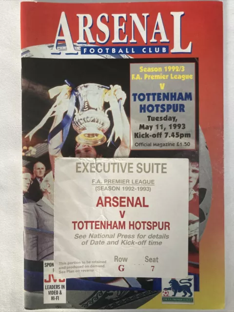 1993 Arsenal Football Match Ticket Stub Executive Suite v Tottenham Programme