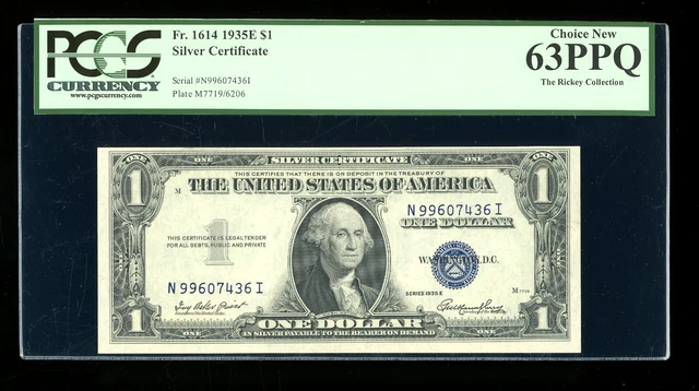 DBR 1935-E $1 Silver Fr. 1614 NI Block PCGS 63 PPQ Serial N99607436I