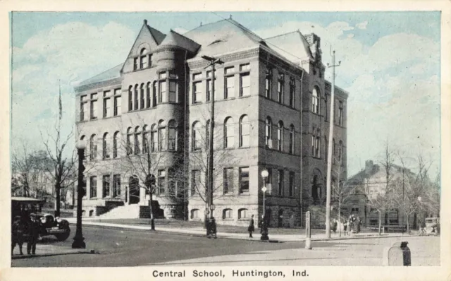 Central School Huntington Indiana IN Old Cars Street View c1930 Postcard