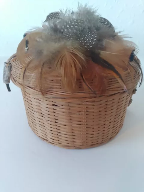 Handmade Woven Basket Vintage W/Real Feathers Leather Strings & Engraved Stones
