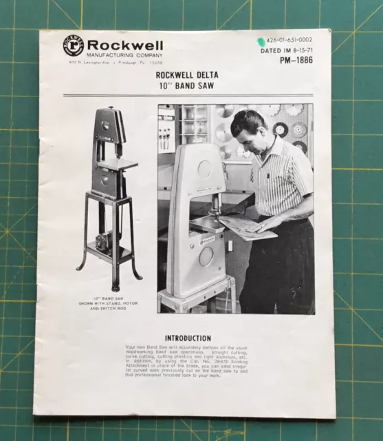 ROCKWELL DELTA 10” BAND SAW INSTRUCTION MANUAL and PARTS LIST, 15 Pages, 1971