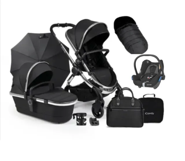 New iCandy Peach Pushchair Carrycot and carset Bundle Chrome Chassis- Black Twil