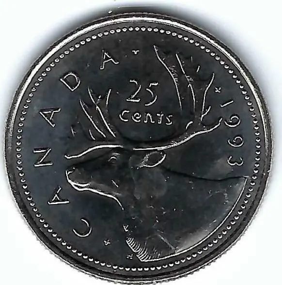 1993 Canadian Brilliant Uncirculated Business Strike Twenty Five Cent Coins!