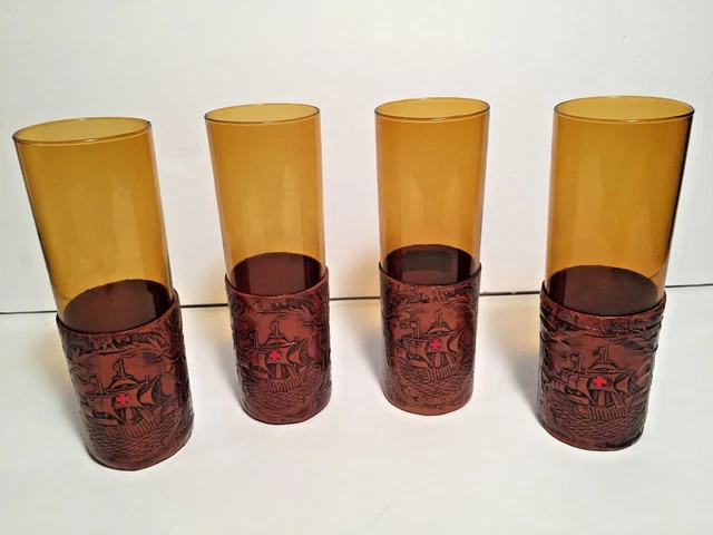 Vtg Spanish Glass With Leather Sleeve Set Of 4 Templar Cross Nautical