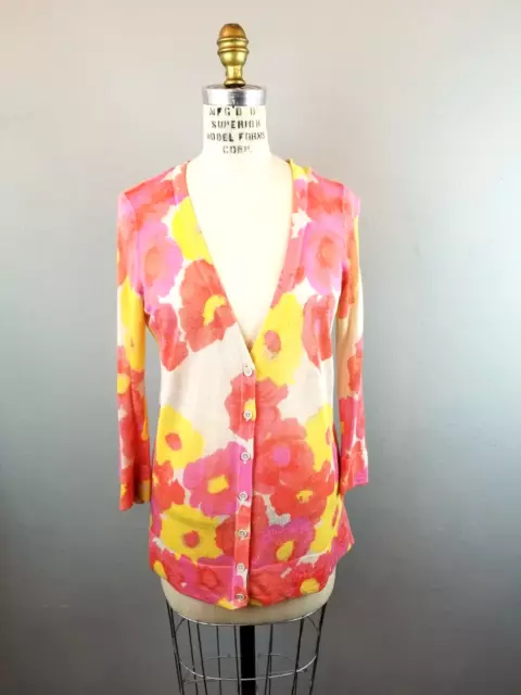 Ann Taylor LOFT Orange Pink Yellow Women's Small Lightweight Floral Cardigan