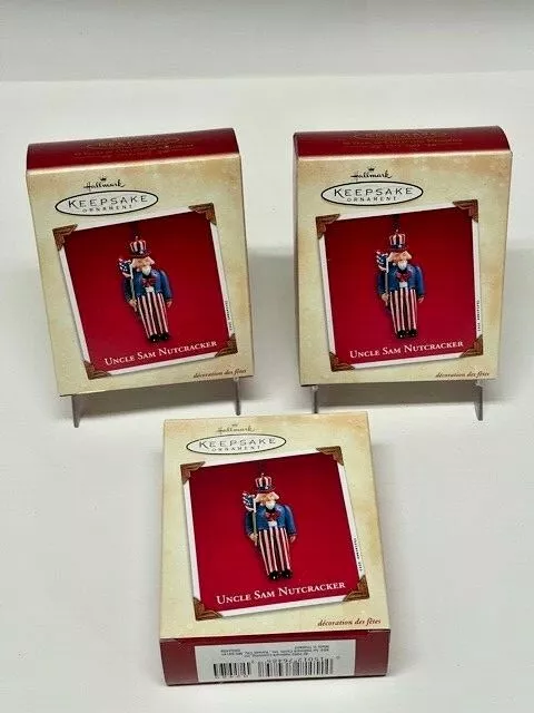 Lot of 3 Hallmark Keepsake Ornaments Christmas Uncle Sam Nutcracker America Flag