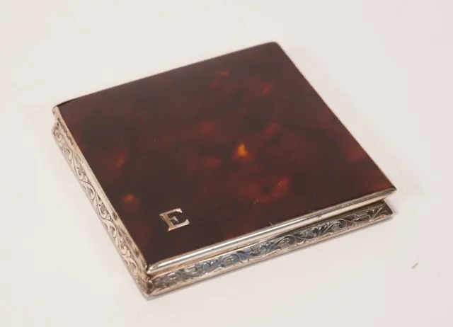 Type Deco Abundant Decorated 925 Sterling Silver Powder Box With Tortoise Shell